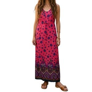 Vintage 60s 70s Boho Pink Purple Paisley Printed Tank Maxi spring Easter Dress